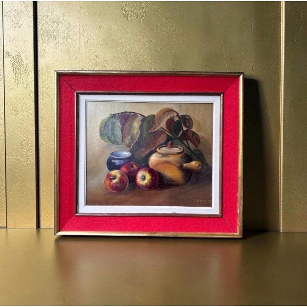 Vintage French Still Life Original Oil Painting Apples Teapot Signed 1989 25x22